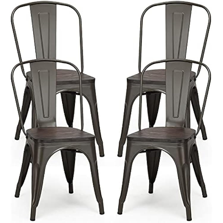 DORTALA Vintage Metal Dining Chairs, Industrial Stackable Cafe Side Chair with Wood Seat & Backrest for Bistro, Kitchen, Set of 4, Grey
