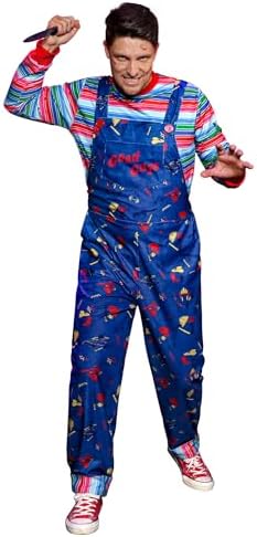 Arvilhill 4 Pcs Mens Killer Doll Costume Halloween Shirt Overalls Outfit with Prop Knife & Tattoo Stickers S-3XL