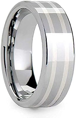 Tungsten Carbide 8mm Ring Flat Polished Sterling Inlay