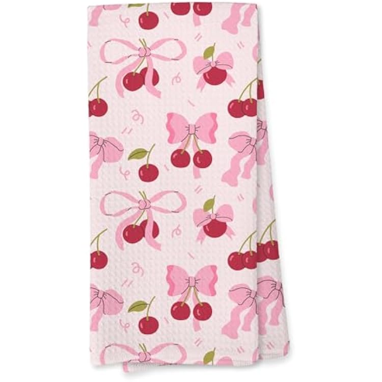 Giosve Pink Bow Cherry Kitchen Towels, Preppy Coquette Bow Hand Towels for Bathroom, Pink Cherry Dish Tea Towels for Kitchen Decor, Coquette Girly Bathroom Decor, 16x24 Inch