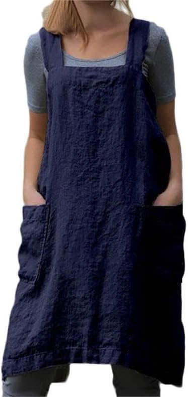 TBA Cotton Linen Apron Cross Back Apron for Women with Big Pockets Square Pinafore Dress for Baking Cooking BBQ & Grill