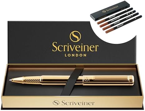 Scriveiner Gold Rollerball Pen - Stunning Luxury Pen, Real Gold Plating bundle with Rollerball Refill Blue Fine - 4 Refills in one box