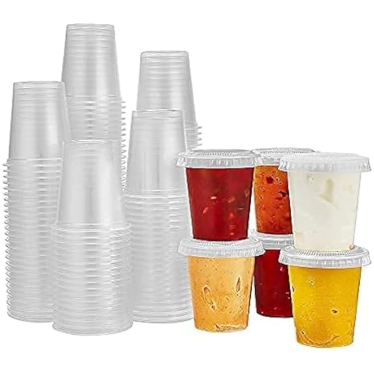 King Zak 150 Sets - 1.5oz, Disposable Mini Plastic Jello Shot Cups With Lids Perfect For Portion Souffle, Condiment, Dipping Sauce, Salad Dressing And More