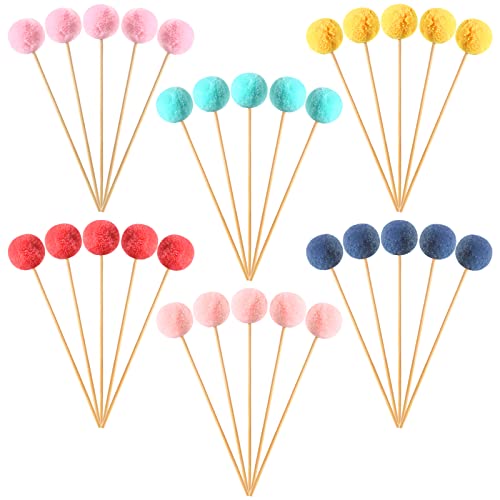 Sintuff 30 Pcs Colorful Pompom Cake Toppers Mini Pompom Cupcake Toppers Cake Picks Party Decorations for Birthday Baby Shower Wedding Anniversary Supplies