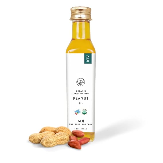 ADI Organic 100% Pure Peanut Oil 8.8 fl oz USDA Certified, Unrefined, Cold-Pressed Peanut Oil for Cooking, Baking, and Deep Frying