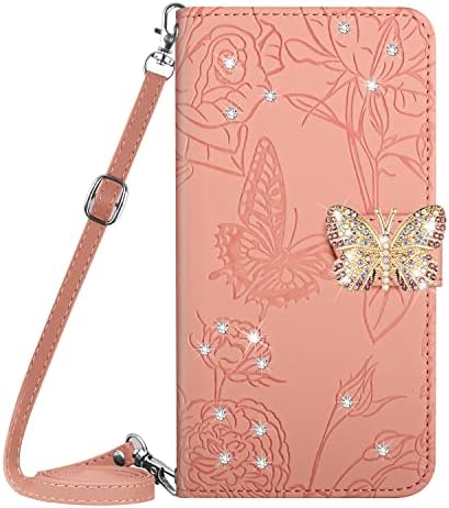 ONV Phone Case Compatible with Oppo Reno 10-1,5M Strap Shinny Butterfly Leather Case Anti-Seismic Bumper Kickstand Magnet Card Holder Cover for Oppo Reno 10  Reno 10 Pro [HT02] -Pink 1
