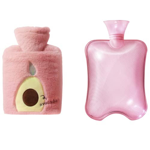 Cute Avocado Hot Water Bottle with Cover, 1L Rubber Hot Water Bottle with Kawaii Plush Soft Cover, Hot Water Bag for Pain Relief Feet and Bed Warmer Gifts for Women Girls Christmas Pink