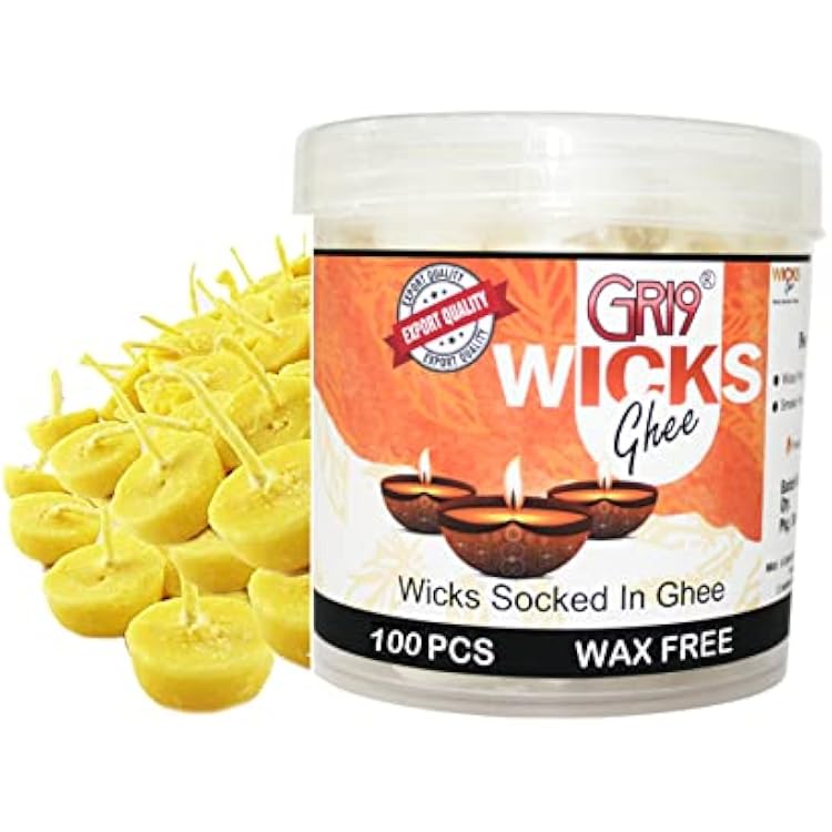 Handmade Diya Batti Pure Wicks Cotton Readymade Ghee Cotton Wicks Diya Batti Puja Batti for Pooja, Home Decoration in Festivals, Diwali Oil Lamp Wick 100 Pcs Cow Ghee Wicks