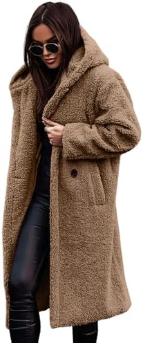 Akivide Women Winter Coat Hooded Fuzzy Fleece Warm Button Down Long Warm Outwear Jackets with Pockets