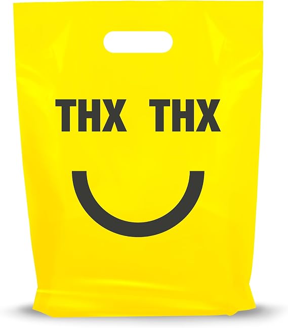12x15 Yellow Thank You Bags, Printed Design, 1.25 Mil, 100 Pack, Retail | Strong 1.25 Mil LDPE resists tearing. Comfortable die-cut handles. Fits clothing, gifts, merchandise, and trade show items.