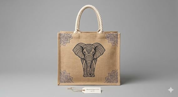 El Yapımı Jüt Çanta, Mandala Fil ve Hamsa Desenli, Hasır Tote Çanta, Doğal Renk