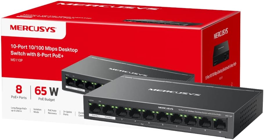 MERCUSYS 10-Port 10100Mbps Desktop Switch with 8-Port PoE, PoE Power Budget 65W, compatible with 802.3afat PDs, Power management, metal case, Plug & Play, No Configuration Required MS110P