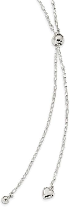 925 Sterling Silver 2mm Long Cable Link & Heart Adjustable Necklace, 36" Length