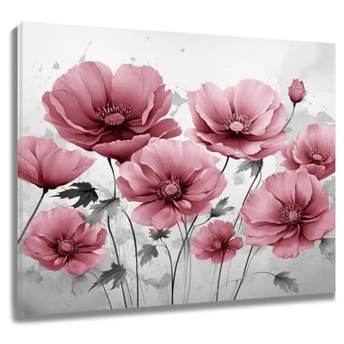 LB Pink Floral Wall Art Pink Flower and Gray Leaf Canvas Art Decor for Living Room Bedroom Bathroom Office Framed Ready to Hang 12L x 16W Inch