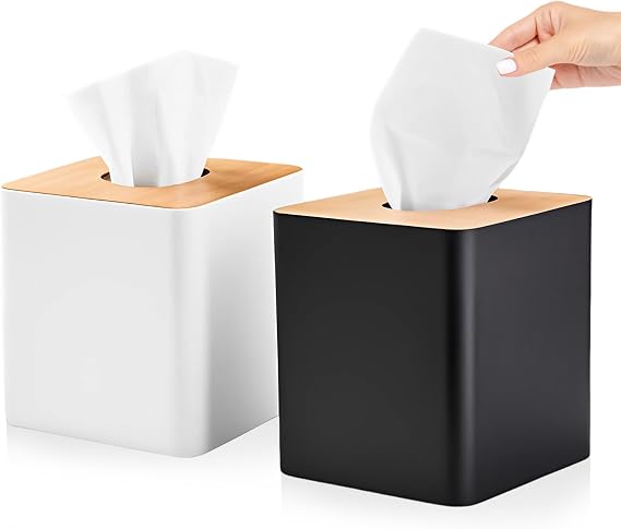RETON 2 Pack Tissue Box Cover, Square Plastic Tissue Box Holder with Bamboo Lid, Cube Tissue Dispenser Box for Living room, Office, Home Decor, Night Stand(Black+White)