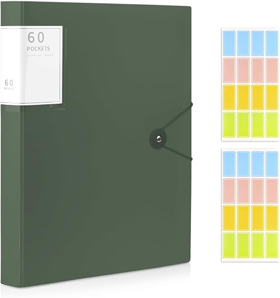 A4 Display Folder, 60 Pockets Display Book Folders with Plastic Sleeves & Safety Rope, Presentation Folder for Documents, School, Office & Business Project Use (Green)