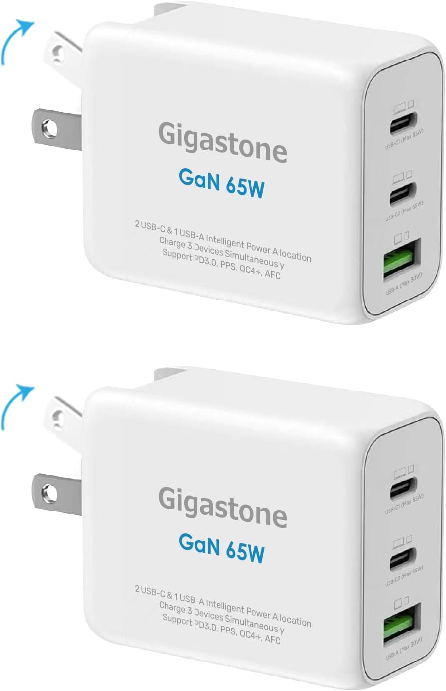 Gigastone 65W USB C Charger [2-Pack] GaN Power Pro PPS Multiple Port Intelligent Power Allocation, Foldable Plug Travel, Full Speed GaN Charger MacBook AirPro Dell XPS iPad iPhone 1615 Galaxy S24