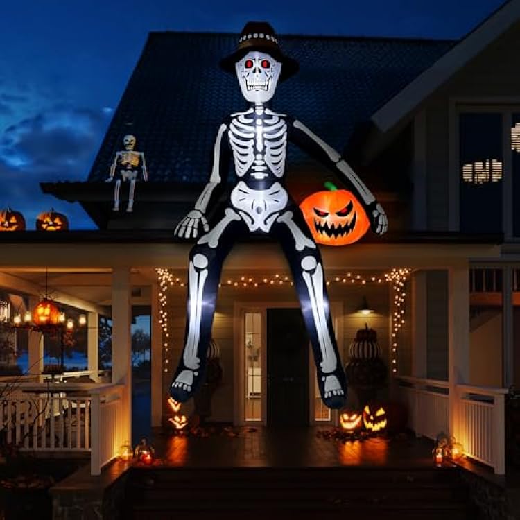 OurWarm 10ft Halloween Inflatable Outdoor Decoration, Giant Sitting Skeleton Inflatable Halloween Decorations with Build-in LEDs, Halloween Blow Up Yard Decorations for Roof Balcony Lawn Garden