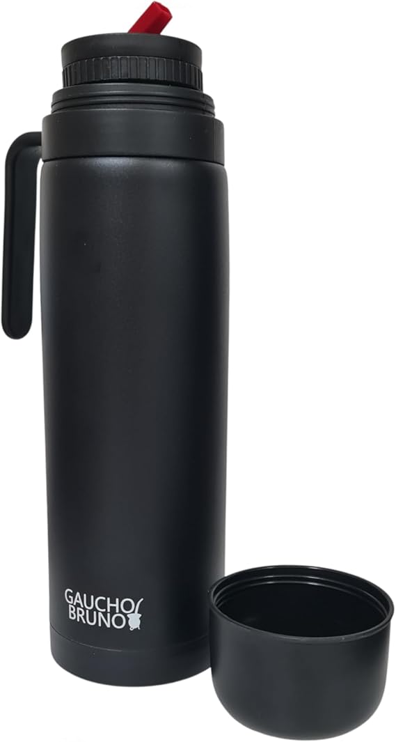 Gaucho Bruno Yerba Mate Flask - Thermal Drink Container with Precision Pour Spout, Handle & Screw Lid - Insulated for Hot & Cold Beverage - Black Powder Coated Stainless Steel - 1 Litre Capacity