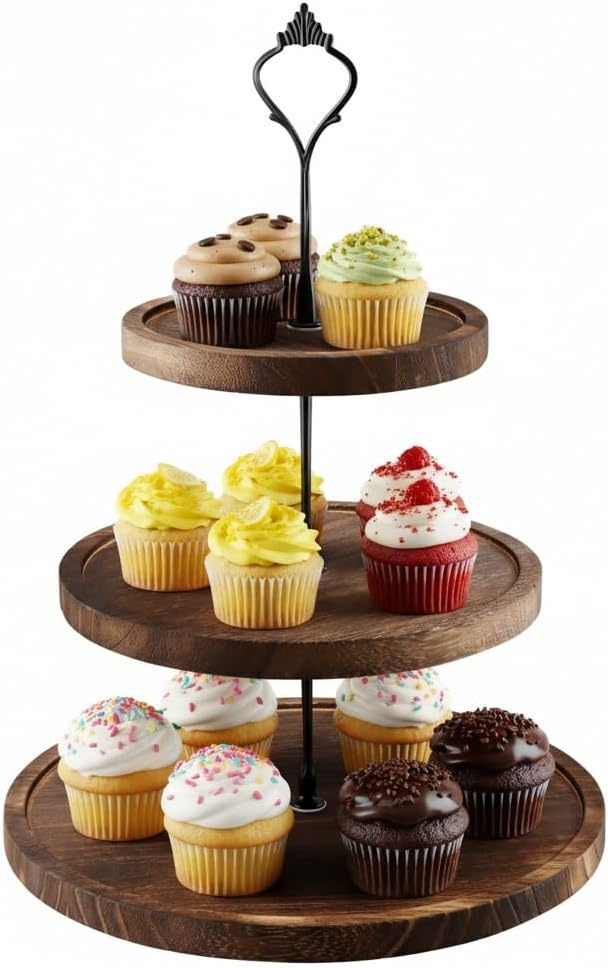 Etagere 3 Etagen aus Holz Rundes Tortenständer mit Metallgriff Cupcake Ständer 3-stöckig Servierständer für Kuchen Obst Muffins Buffet Zubehör für Geburtstag Hochzeit Nachmittagstee