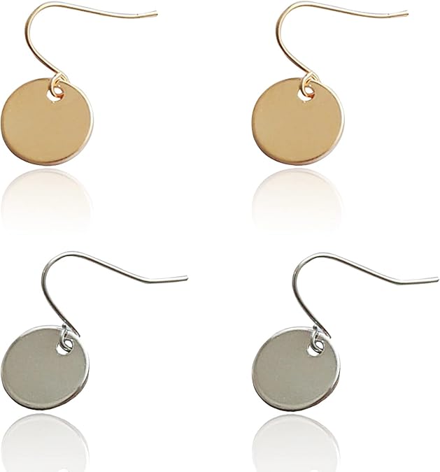 KaFu 2 pair Lightweight Gold Circle Disc Dangle Drop Earrings Small Cute Coin Round Statement Earrings for Women Girls Minimalist Jewelry Gift for Her