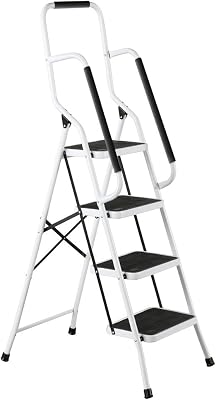 Collections Etc Folding Anti-Slip Safety Step Ladder with Handrail Grips for Home or Office, Four Steps, 62.5 inches Tall, White, White