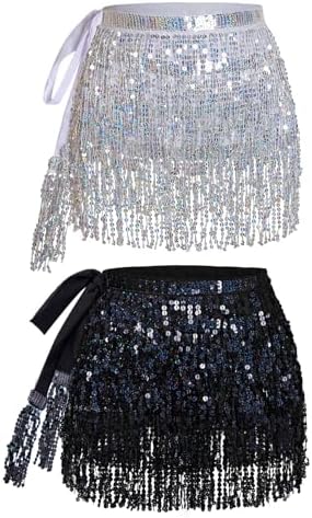 2Pcs Sequin Tassel Skirt Fringe Belly Dance Hip Scarf Sparkly Rave Costume for Women Girls