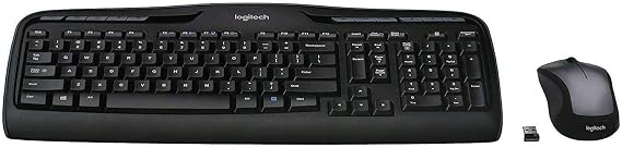 Logitech MK335 Full Size Quiet Wireless Keyboard Mouse Combo - Black/Silver | Full size low-profile quiet keyboard, full size ambidextrous contoured mouse with rubberized side grips, Windows ChromeOS