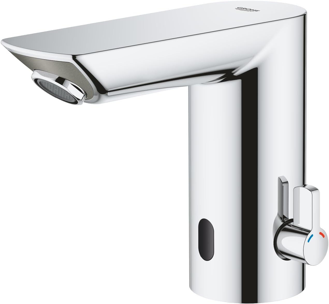 GROHE Bau Cosmopolitan E - Infrared Sensor Touchless Basin Mixer Tap with Mixing Device (Water Saving Technology, Battery Powered, 7 Pre-Set Programs, Tails 3/8 Inch), Size 123 mm, Chrome, 36451000 [Energy Class B]