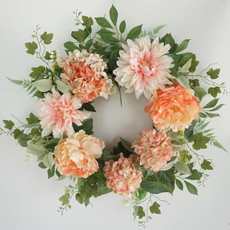 Spring Summer Wreaths for Front Door, 20 Inches Artificial Wreath with Peony Dahila Hydrangea Flower, Pink-Peach Floral Wreaths for Wall Porch Decor, Fall Wreath for Home Decorations