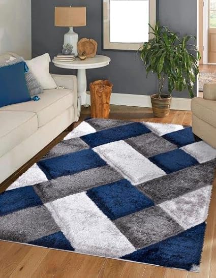 3D Shaggy Rugs Modern Geometric Design Large Area Rugs for Living Room Bedroom Thick Fluffy Floor Mats Small Door Mat (Blue, 60 x 110 cm)