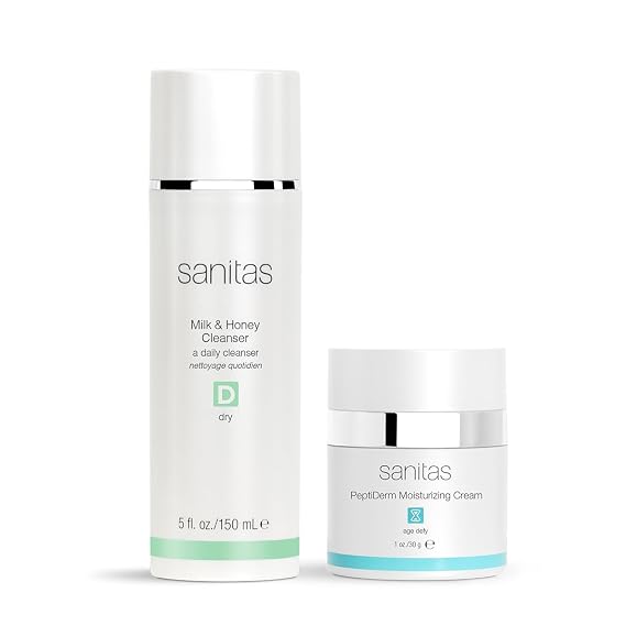 Sanitas Skincare Milk & Honey Cleanser + PeptiDerm Moisturizing Cream, Peptides, Ceramides, Raw Honey, Vitamin C, Gentle Cleanser and Hydrating Moisturizer
