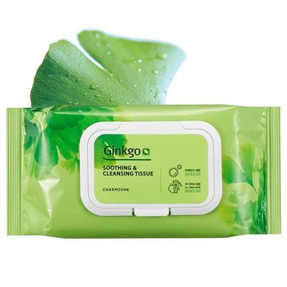 CHARMZONE Ginkgo Soothing & Cleansing Tissue Facial Wipes for Gentle Makeup Removal and Refreshing Cleanse, 70 Sheets (353g), Korean Skincare