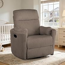 Oversized Swivel Rocking Chair, Manual Large Rocker Recliner Chairs for Adults, Corduroy Nursery Glider Barrel Chair with 2 Pillows, Wide Recliner for Living Room, Bedroom, Nursery, Brown