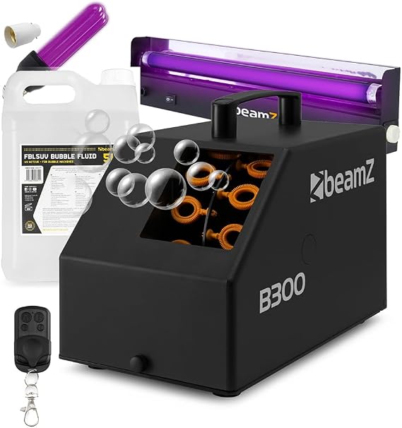 beamz B300 Bubble Machine Party Light Packages with UV Light Bar, Black Bulb & 5L Fluid - Bubble Blowing Machines for DJ, Halloween, Events and Kids Parties