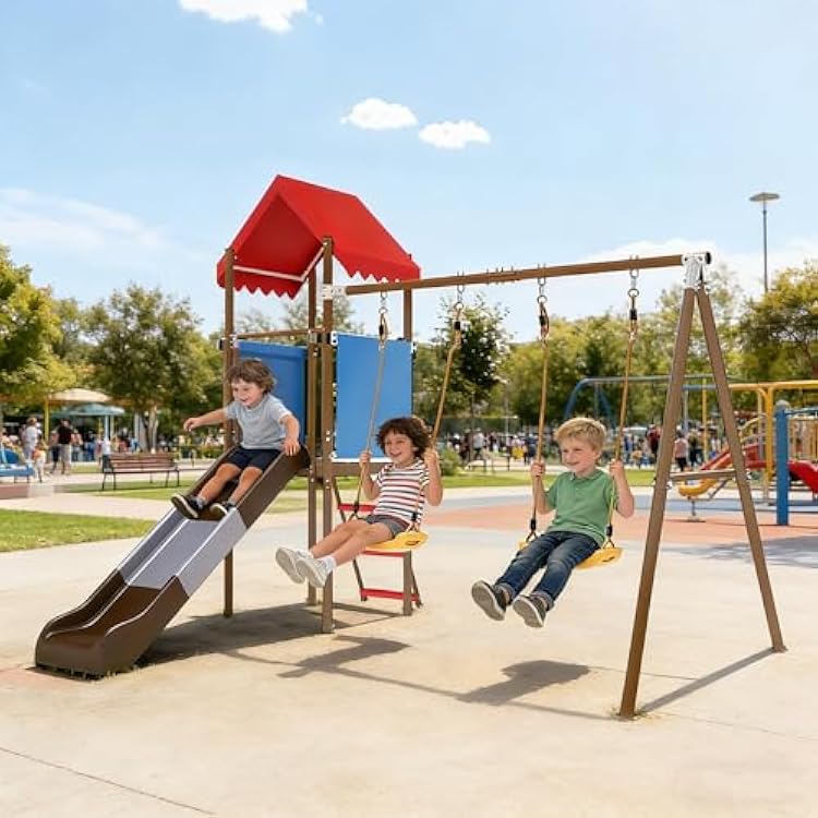 Beach Swing Set with Slide for Kids Backyard - All-in-One Outdoor Playset with 2 Belt Swings, Rock Climbing Wall Ladder, Shaded Fort & Slide, Durable & Safe Playground Equipment for Children Ages 3-8