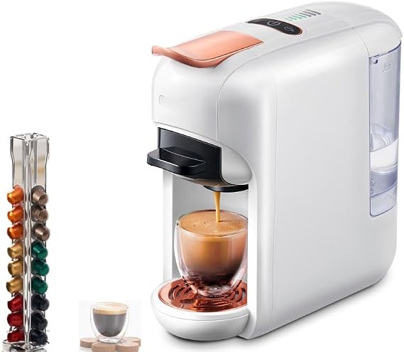 4-in-1 Coffee Machine,Capsule Coffee Machine, 7-Speed Water Level Adjustment,Hot and Cold Switchable,19bar High Pressure Extraction,600ml Water Tank,Compatible with a Variety Of Capsules