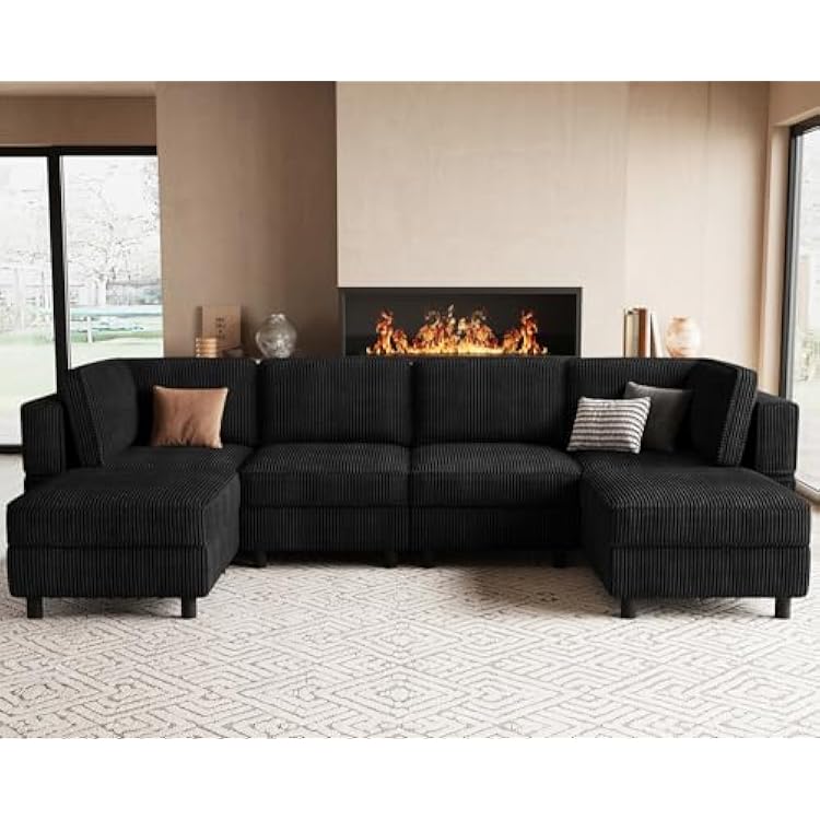 114.2 Modular Sectional Sofa with Deep Storage Seat,U Shaped Sectional Sofa Couch Convertible 6 Seater Corduroy Couch with Movable Ottoman,Upholstered Sectional Couches for Living Room,Black