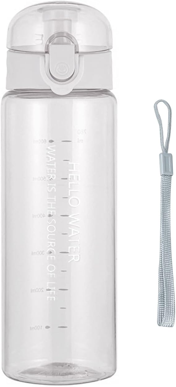 Water Bottle Sports Water Bottle, Reusable Clear Water Bottle, Plastic Water Bottles with Carrying Strap, Leak-Proof Flip Top Drink Bottles for Travel Gym 26oz, White