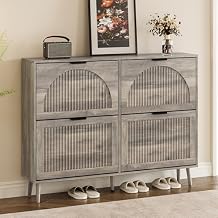 Shoe Cabinet for Entryway with 4 Flip Drawers, Slim Wooden Shoe Storage Organizer with Modern Fluted Pannel,Freestanding Narrow Hidden Shoe Rack for Hallway, Foyer, Living Room