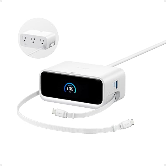 Anker Nano Charging Station, 100W 7-in-1 Power Strip, Retractable Charger | 2.3ft InstaCord Cable, Gaming Desk Accessories for Multiple Devices, 3 AC, 3 USB C, 1 USB A, MacBook Charger, Home Office