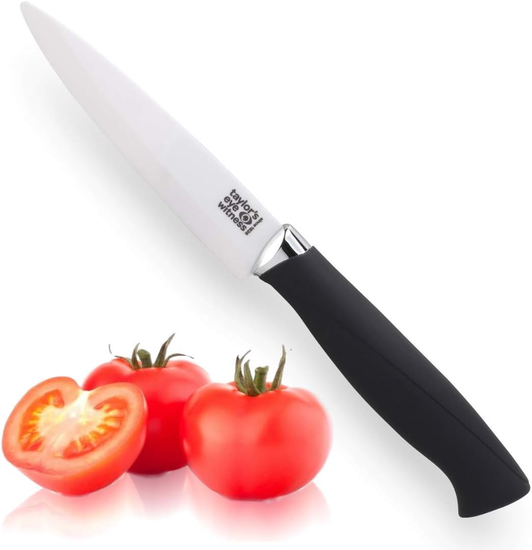 Taylors Eye Witness Ceramic Blade Paring Knife with Sheath 4 Inch/10 cm. White Zirconia Ceramic Blade with Black Soft Grip Handle. Corrosion/Rust