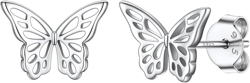 Silvora S925 Silver Butterfly Earrings - Exquisite White Hollow Butterfly Stud Earrings Tiny Butterfly Cartilage Earrings for women