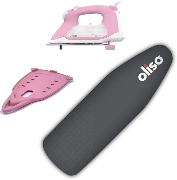 Oliso TG1600 Pro Plus 1800 Watt SmartIron with Auto Lift (Pink) & Oliso Solemate Silicon Iron Soleplate Protector (Pink) & Ironing Board Cover (Gray)