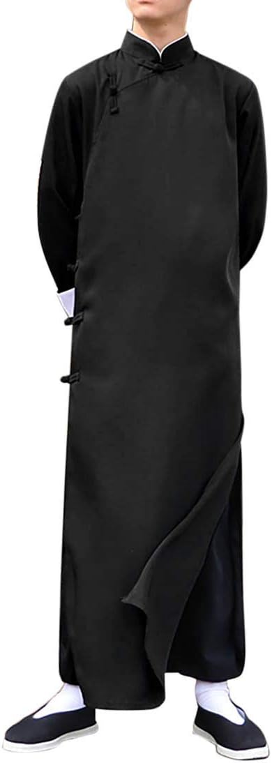 Men's Cotton Linen Kung Fu Suit Chinese Martial Arts Uniform Meditation Suit Roll-Up Sleeve Frog Button Shirt Pants Outfit (Only Robe-Black, L)
