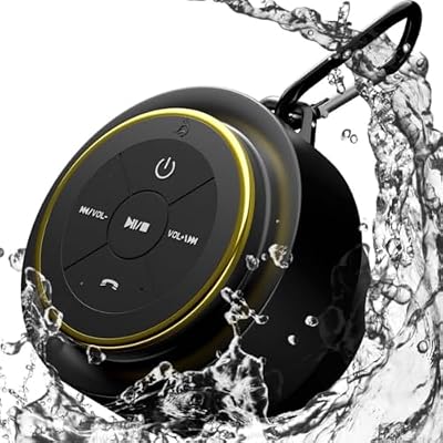 iFox Portable Bluetooth Shower Speaker, IPX7 Waterproof Outdoor Wireless Speaker, Built-in Mic, Carabiner, Beach, Camping, Hiking, Pool, Great Gift, BlackGold