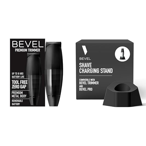 Bevel Beard Trimmer for Men - Black Edition Cordless Trimmer, 8 Hour Rechargeable Battery Life, Tool Free Adjustable Zero Gapped Blade, Barber Supplies, Mustache Trimmer, and Charging Stand