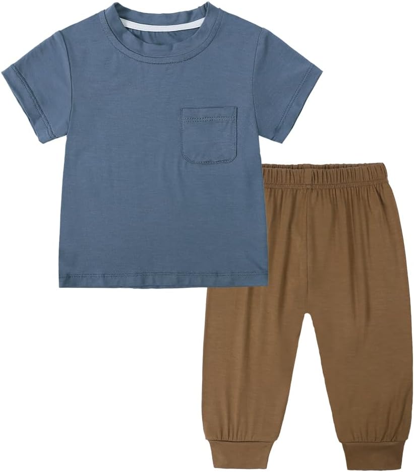 Bamboo Baby Boy Clothes Set, Infant Toddler Summer Bamboo Viscose Short Sleeve T Shirts  Jogger Pants 2PCS
