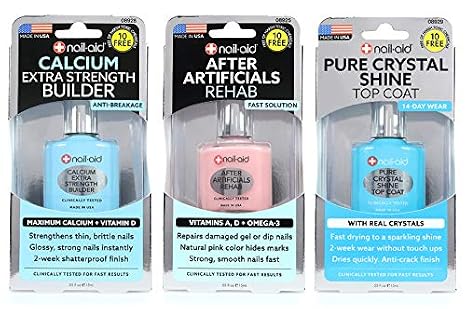Nail-Aid 3pk Of Calcium Thickener + After Artificials + Pure Crystal Top Coat, French Sheer, N/A, 1.65 Fl Ounce