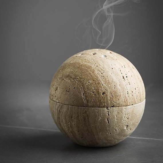 Handmade Travertine Stone Incense Resin Burner Holder Natural Stone Incense Burner with Brass Insert for Home Decor & Relaxation